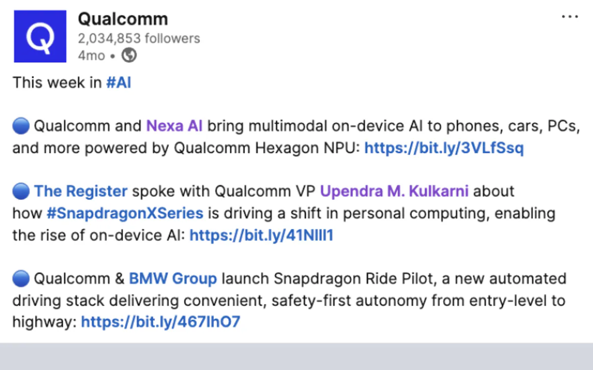Qualcomm LinkedIn recognition screenshot